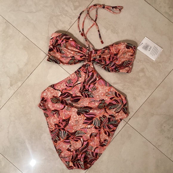 A.L.C. Brooke One-Piece Cut-Out Monokini Swimsuit Orange Rose Multicolor U-Ring - Picture 3 of 12